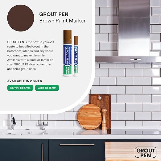 Grout Pen Brown Tile Paint Marker: Waterproof Grout Paint, Tile Grout Colorant and Sealer Pen - Narrow 5mm, 2 Pack with Extra Tips (7mL) - Brown