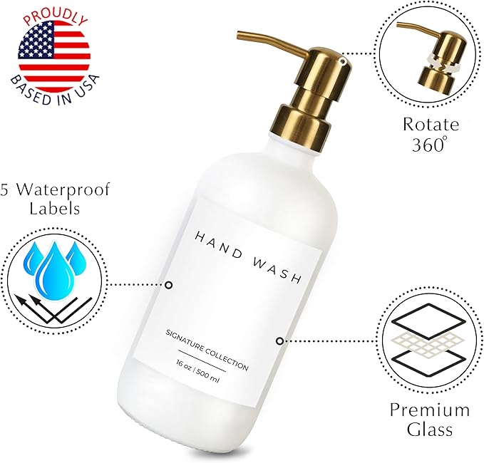 Emerson Essentials Soap Dispenser, Dish Bottle Dispenser for Kitchen, Farmhouse Hand Soap Dispenser, Kitchen Set, Glass Bottles with Pump and Labels | 16 Oz, 2-Pack