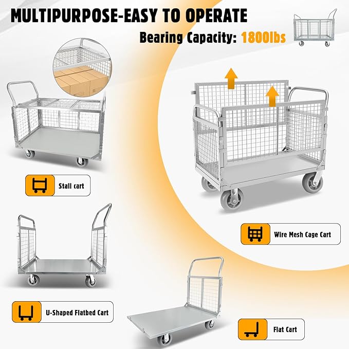 Platform Truck Cart with Cage, 6 in1 Foldable Flatbed Cart Heavy Duty Push Cart Dolly W/Swivel Wheels 1800lbs Capacity Multipurpose Hand Cart for Grocery/Laundry/Stall/Storage