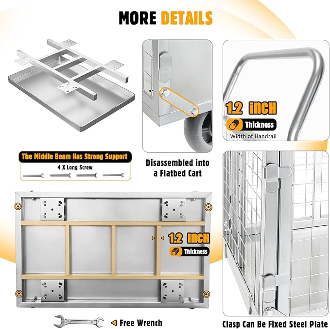 Platform Truck Cart with Cage, 6 in1 Foldable Flatbed Cart Heavy Duty Push Cart Dolly W/Swivel Wheels 1800lbs Capacity Multipurpose Hand Cart for Grocery/Laundry/Stall/Storage