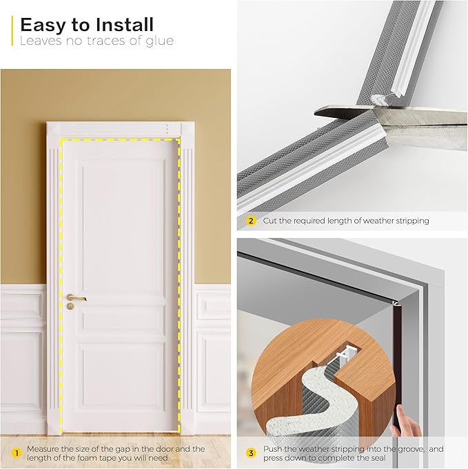 Weather Stripping Door Seal Strip Soundproof Q Foam Tape, Exterior Door Insulation Strip for Large Gap, Easy to Install(Grey, 60FT)