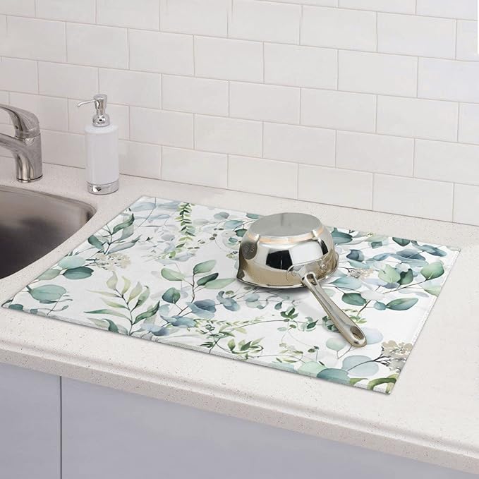 Green Floral Leaf Dish Drying Mat For Kitchen Counter 18 X 24 Inch Absorbent Dish Mat Reversible Drainer Drying Kitchen Mat
