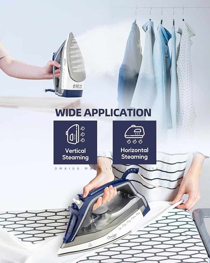Steam Iron for clothes - 1750W Clothes Iron with Non-Stick Ceramic Soleplate, Powful Steam, 3-Way Auto-Off, Self-Cleaning, Anti-Calc, 13.52oz Water Tank Ironing Clothes for Home