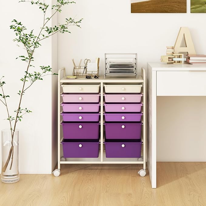 GOFLAME 12-Drawer Rolling Storage Cart, Multipurpose Organizer Cart with 2 Sizes Plastic Drawers, Mobile Utility Cart with Lockable Casters for School, Home Office, Beauty Salon, Purple Gradient