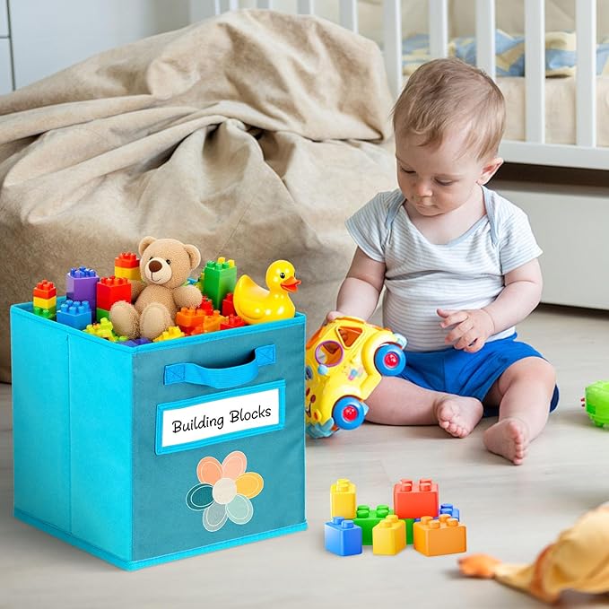 Cube Storage Bins, 6 Pack 11 Inch Fabric Storage Bins with Handle and Label Window, Foldable Storage Cubes, Colorful Fabric Bins for Kids Room, Classroom Organization and Storage, Clothes, Toys