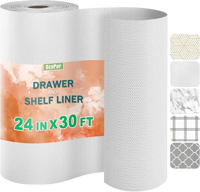 OcePor Non-Adhesive Drawer and Shelf Liner 24IN x 30FT，Non Slip Cabinet and Cupboard Liner, Kitchen Cabinet Liners for Shelves, Waterproof Drawer Shelf Liners for Cabinets/Bathroom Cupboard,White
