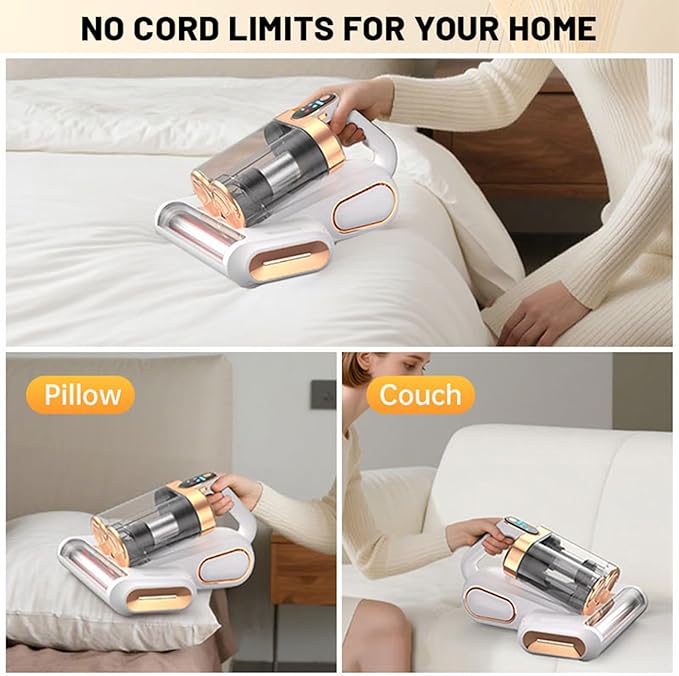 Bed Vacuum Cleaner, 16Kpa Mattress Vacuum Cleaner with 253.7nm UV-C Light 48000 RPM/Min Brushroll & Ultrasonic Tech Dual Bins for Dust & Widen Suction Port 120W Cordless for Bed Sofa(White)