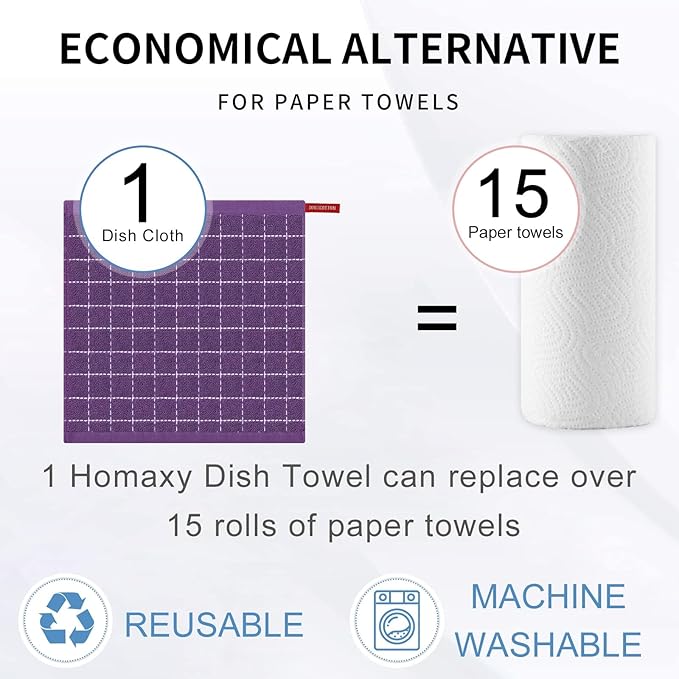 Homaxy 100% Cotton Terry Kitchen Dish Cloths, Ultra Soft and Absorbent Dish Towels for Kitchen, Suitable for Drying and Washing Dishes, 12 Pack, 12 x 12 Inches, Purple