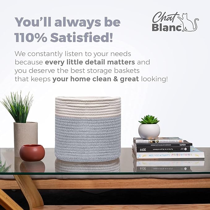CHAT BLANC Cotton Rope Baskets for Organizing | Storage Baskets for Shelves | Rope Basket for Storage, Small Laundry Baskets, Woven Baskets for Storage, Dog Toy Bin, Baby Basket,Off White &Gray 3 Pack