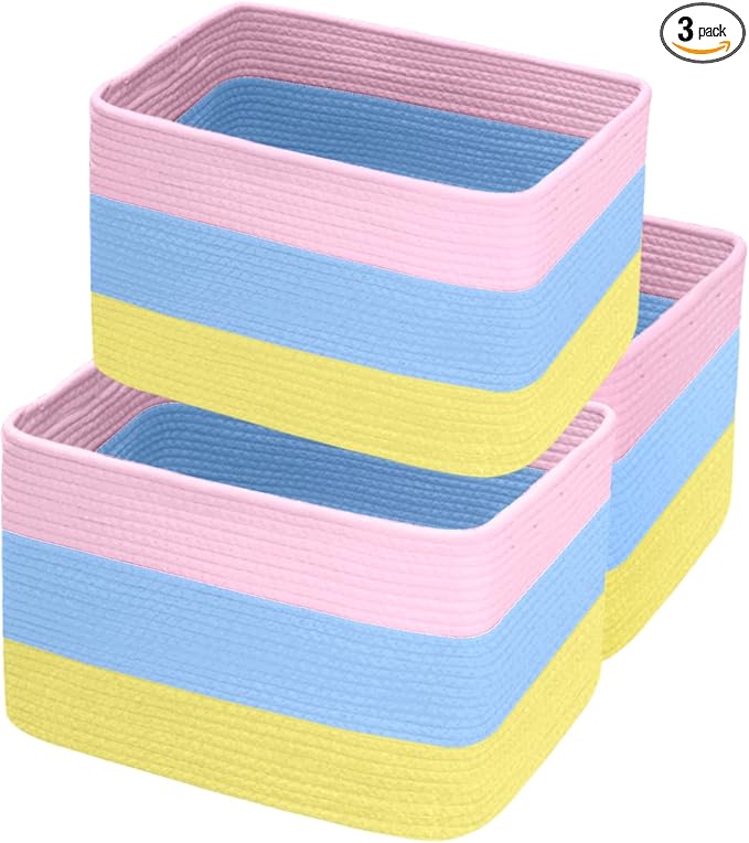Hopegiver Woven Storage Baskets 15x11x10 Inch, 3 Pack Collapsible Cube Storage Bin for Shelves - Foldable Cotton Rope Organizer Bins for Towels, Toys, Books, Closet, Nursery (Pink Blue Yellow)