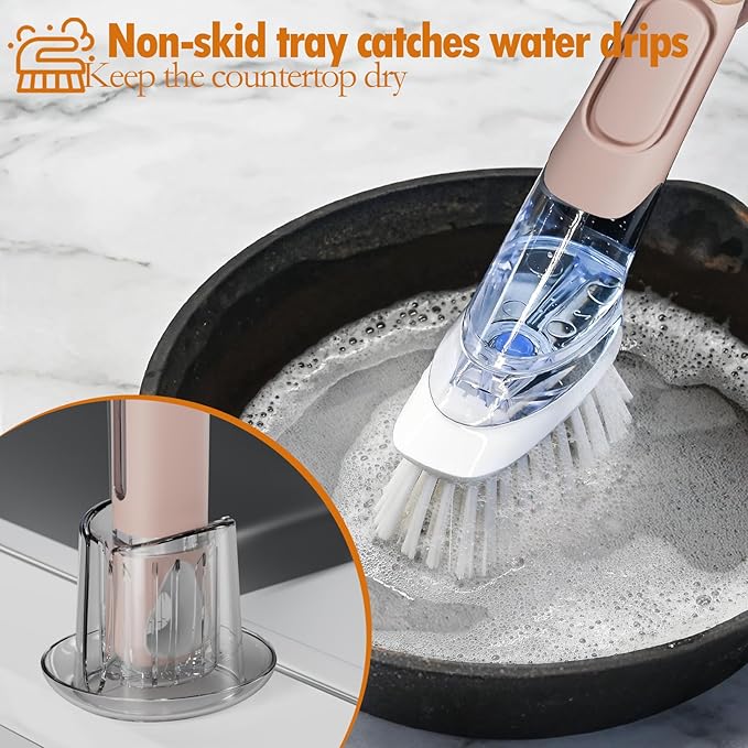 Soap Dispensing Replacement Dish Brush Storage Set with 2 PCS Brush Refills & Holder - RIMAY Dispenser Scrub Cleaning Scrubber Kitchen Dishwashing Dish Wand Handle for Dishes/Pans/Pots/Sink(Pink)