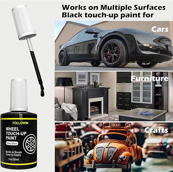 FOLLOWIN Gloss Black Rim Touch Up Paint for Cars, Wheel Rim Paint Repair Kit,Automotive Rim Scratch Repair,Repair Rim Curb Rash 1OZ(30ml)