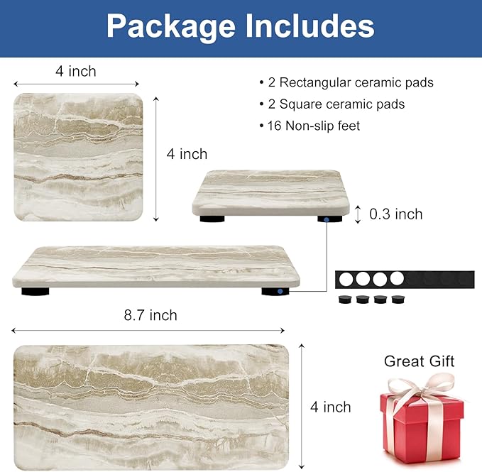 Set of 4 Drying Stone for Kitchen Counter Soap Tray Ceramic Bathroom Sink Trays Hand Soap Dish Stone Quick Dry Mat Toothbrush Sponge Holder Kitchen Sink Caddy Diatomite Coaster Bathroom Trays