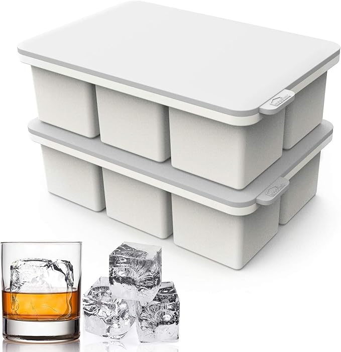 Mossime Large Ice Cube Molds: Square Whiskey Silicone Ice Cube Trays With Lid - 2pack Old Fashioned Big Silicone Ice Cube Tray for Cocktail - 2inch Easy Release Ice Cube Maker For Freezer