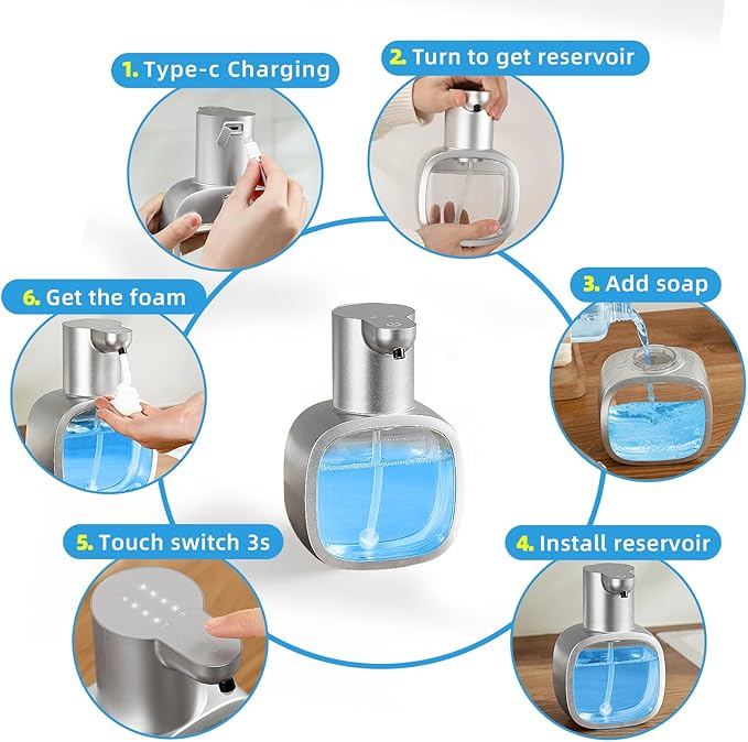 Automatic Foaming Soap Dispenser, 17oz/500ml Touchless Rechargeable with 4-Level Adjustable & IPX5 Waterproof - Level Display for Wall/Tabletop Use in Bathroom, Kitchen, Silver