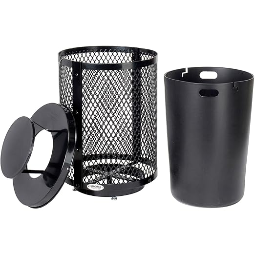 Global Industrial Outdoor Diamond Steel Trash Can with Rain Bonnet Lid, Raised Base and Plastic Liner, 36 Gallon Capacity, Black, Thermoplastic Coating, 23-1/2" Diameter, 43-1/2"H