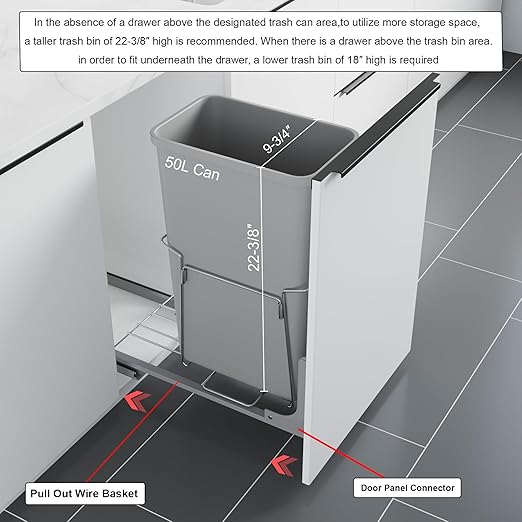 Dowell B15 Aluminum Base Wastebasket Pullout with Door Mount and 50Qt/13Gal Plastic Bin (4012 0115+50)