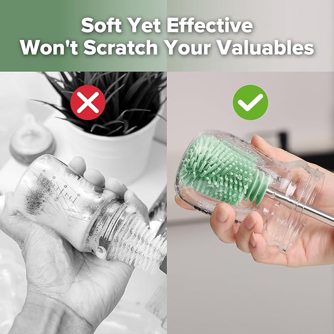 haakaa Cleaning Brush Silicone Bottle Brush Double-Ended Soft Silicone Bristles for Breast Pumps, Breast Milk Collectors, Baby Bottles, Teats, Breastmilk Storage Bags, Pea Green-1pk