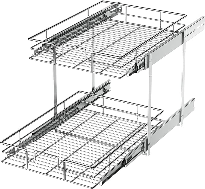 LOVMOR 2 Tier Individual Pull Out Cabinet Organizer 14" W x 18" D, Slide Out Kitchen Cabinet Storage Sliding Shelves