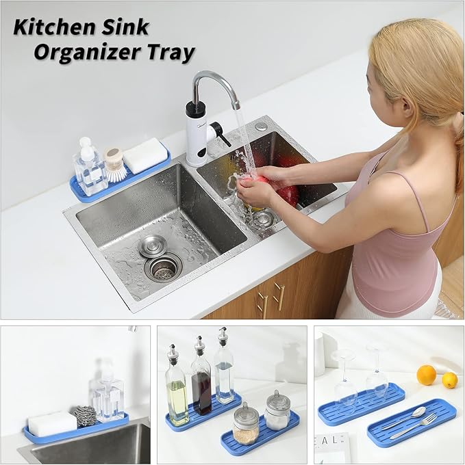 Silicone Kitchen Sink Organizer Tray for Multiple Usage,Eco-Friendly Sponges Holder for Kitchen Bathroom Counter or Sink,Dish Soap Dispenser,Scrubber,Bottle,Cup (Lichen Blue, 12"×4")