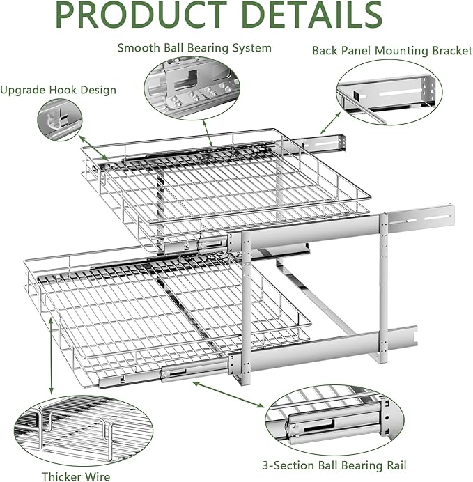 2 Tier Individual Pull Out Cabinet Organizer 31½" W x 21½" D, Heavy Duty Cabinet Pull Out Shelves, Slide Out Drawers Organization for Kitchen Cabinets Bathroom