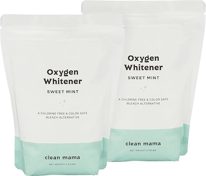 Clean Mama Natural Oxygen Whitener and Stain Remover - Color-Safe Natural Bleach Alternative - Plant-Derived Oxygen Powder, Whitens & Brightens Whites and Colors - Sweet Mint, 2.53 lbs, 2 Pack