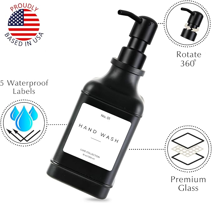 Emerson Essentials Soap Dispenser, Dish Soap Bottle Dispenser, Farmhouse Hand Soap Dispenser, Kitchen Soap Dispenser Set - Glass Soap Dispenser with Pump and Labels, 16 Oz, 2 Pack