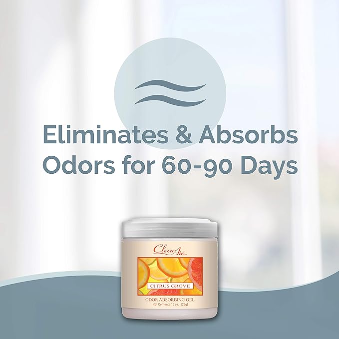 Clear Air Odor Absorber Gel - 15 oz, Pack of 2 - Air Freshener Absorbs and Eliminates Odors in Bathrooms, Cars, Boats, RVs and Pet Areas - Made with Essential Oils - Citrus Grove Scent