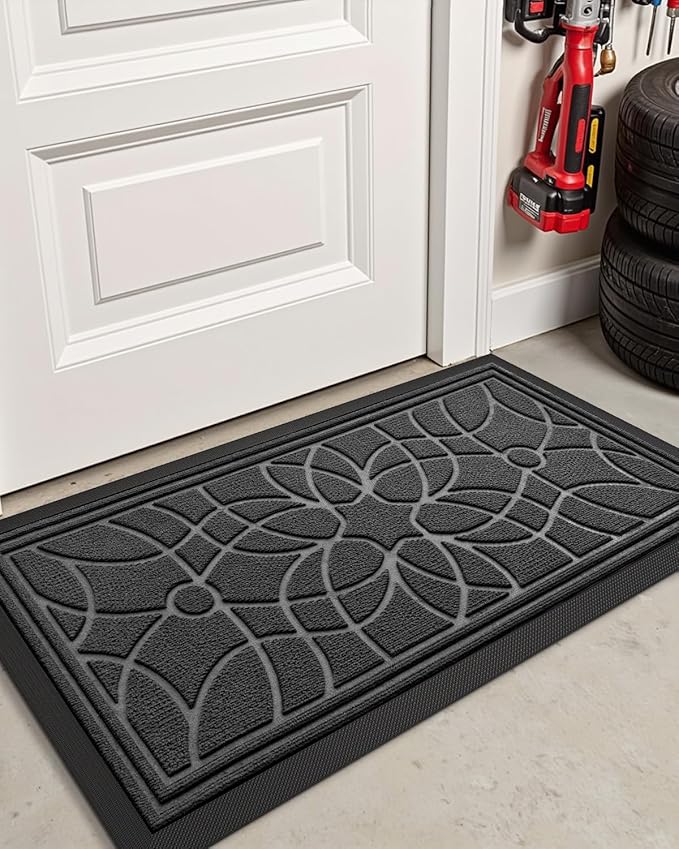 DEXI Front Door Mat Outside Entrance, Heavy Duty Non Slip Low Profile Doormat for Entryway, Trap Dirt and Moisture Welcome Mats, Easy Clean, Patio, Garage, 4x2, Grey