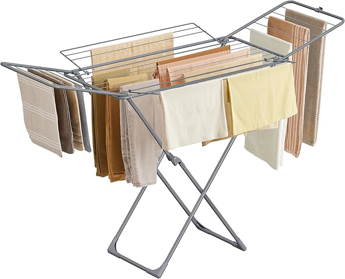 SONGMICS Clothes Drying Rack, Metal Laundry Drying Rack, Foldable, Space-Saving, Free-Standing Airer, with 4 Gullwings, Indoor Outdoor Use, Bed Linen Clothing, Gray ULLR541G01