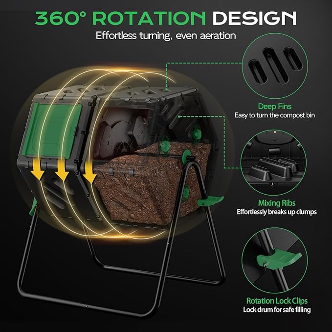 Compost Tumbler 45 Gallon/170L, Easy-Assemble Dual Chamber Compost Bin Outdoor, 360°Rotating Large Composter for Outside, Backyard, Garden, Gifts for Seasoned Gardeners & Beginners-Green