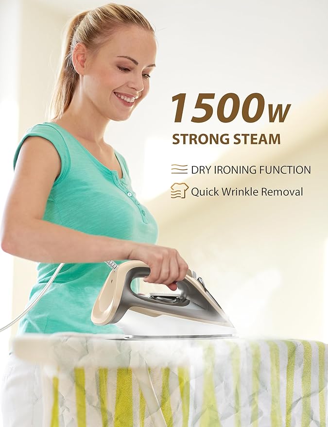 Steam Iron for Clothes Rapid Heating, 1500W Iron with Non-Stick Ceramic Soleplate, Auto-Off, Burst of Steam, 500 Microsteam Holes, Self-Cleaning, 12.31oz Water Tank Ironing Clothes for Home