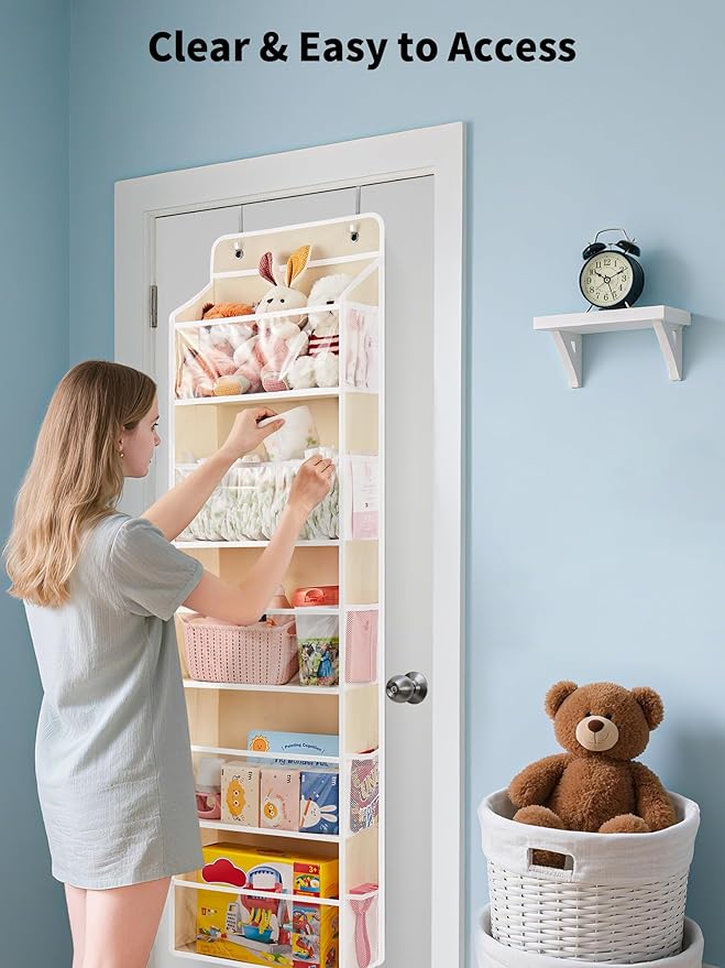 JARLINK 2 Pack Toy Stuffed Animal Storage, Over The Door Organizer W/Clear View Windows, 44lb Load, Baby Toy Storage Organizer for Nursery, Kid Bedroom, Newborn Baby Essentials (Beige)