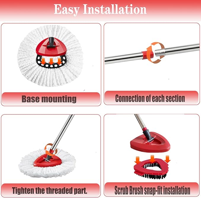 Spin Mop Replacement Head Mop Replace Head Compatible with O Cedar EasyWring Spin Mop - 4 O-Ceda Mop Refills、30-58in Mop Handle and 1 Mop Base and 1 Mop Base Scrub Brush Combo Set