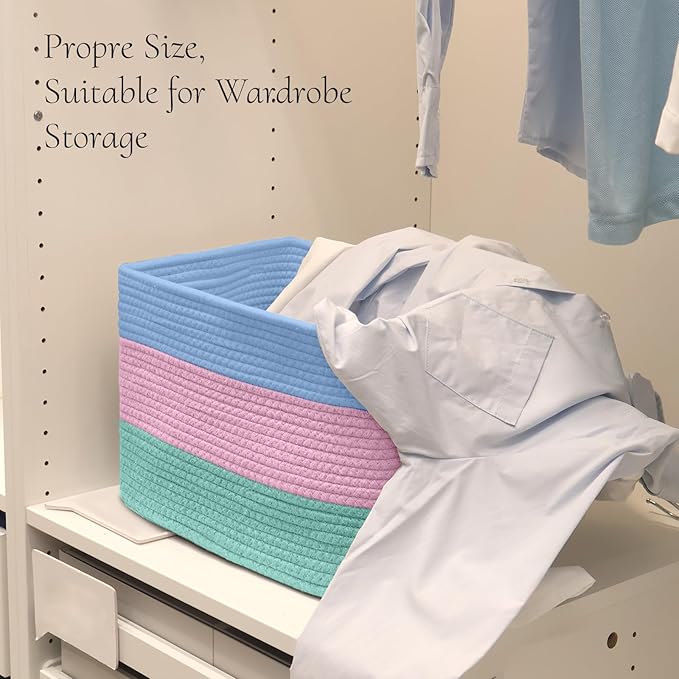 Hopegiver Woven Storage Baskets 15x11x10 Inch, 3 Pack Collapsible Cube Storage Bin for Shelves - Foldable Cotton Rope Organizer Bins for Towels, Toys, Books, Closet, Nursery (Blue Pink Green)