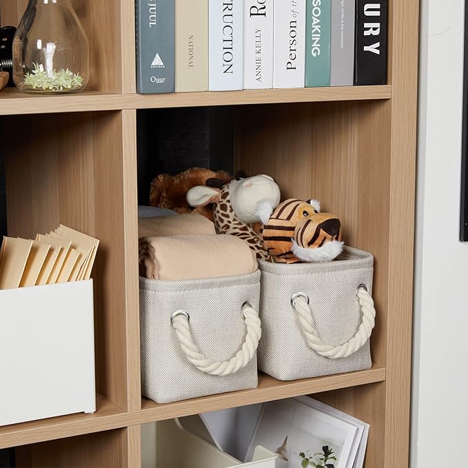 Temary Small Fabric Storage Baskets for Storage Home, Narrow Rectangle Basket with Rope Handles, Decorative Basket for Organizing Toilet Tank Top, Towels, Toilet Paper (Beige, 15Lx6Wx5.5H Inches)