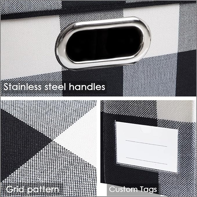 PRANDOM Fodable Storage Bins for Closet [3-pack] Decorative Fabric Storage Baskets Cubes with Leather/Metal Handles for Shelves Bedroom Living Room Black and White Grid (11.5x8.5x6.7 Inch)