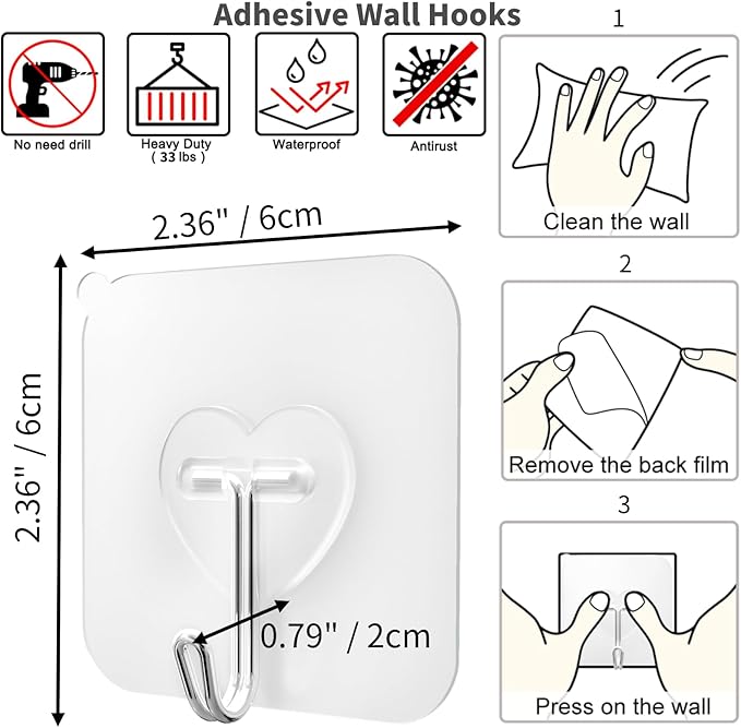 DGYB 30 Pcs Clear Adhesive Hooks for Hanging 22lb Self Adhesive Wall Hooks Heavy Duty Waterproof Transparent Sticky Hooks for Shower Home Bathroom Kitchen Office