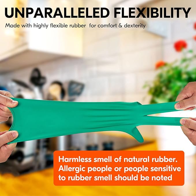 Vgo... 1-Pair Reusable Household Gloves, Rubber Dishwashing gloves, Extra Thickness, Long Sleeves, Kitchen Cleaning, Working, Painting, Gardening, Pet Care (Size S, Green, HH4601)