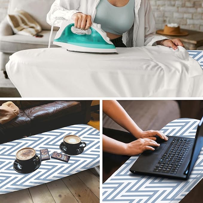 Small Tabletop Ironing Board Foldable, RAINHOL Steel Mesh Portable Iron Board for Dorm and Apartment, with Iron Rest and Heat-Resistant Cotton Cover, 31" x 12", Blue and White Stripes