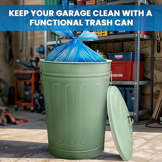 Plexon Round Trash Can 13 Gallon, Vintage Metal Outdoor Trash Can with Lid, Retro Farmhouse Garbage Container, Old School Modern Ash Bucket, Green 3 Pack