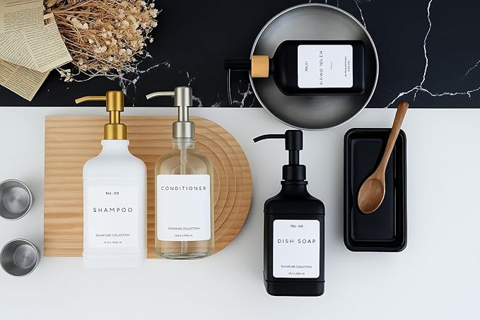 Emerson Essentials Soap Dispenser, Dish Soap Dispenser, Soap Bottle Bathroom Set, Farmhouse, Kitchen Soap Dispenser Set Stainless Steel - Glass Soap Dispenser with Pump and Labels, 16 Oz, 2 Pack