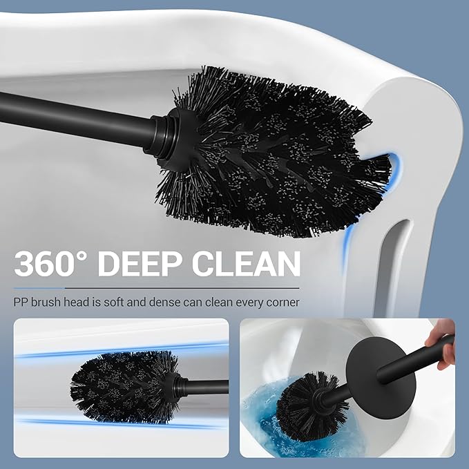 Stainless Steel Toilet Brush with Holder, 2 Black Bristle Heads