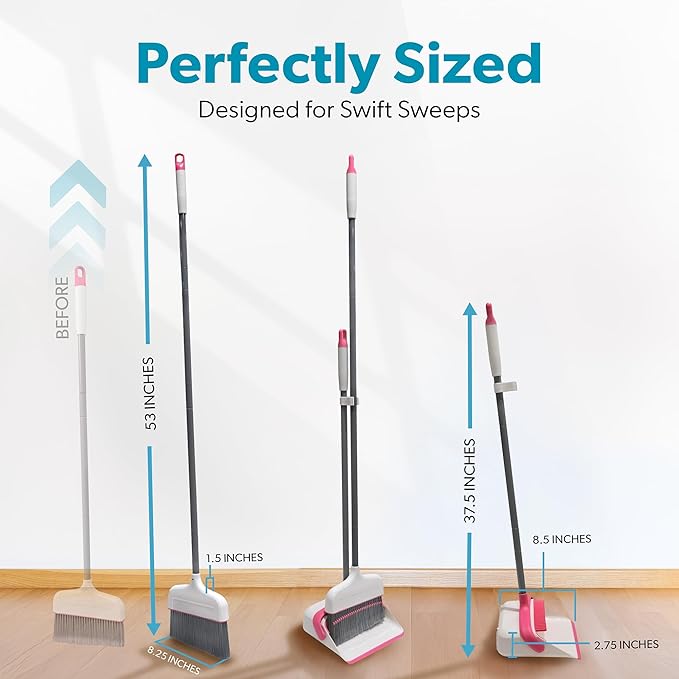 BLACK+DECKER Butler Broom & Dustpan Set - Stand-Up Design - Lightweight, Space-Saving Combo for Kitchen, Living Room, Bathroom, Lobby Floors - Home Cleaning Essential, White/Pink