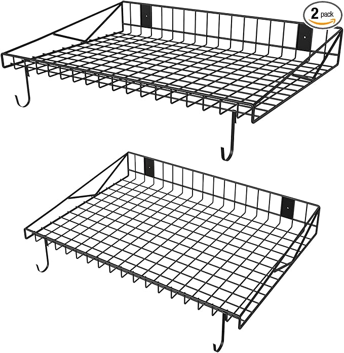 2 Pack Garage Wall Shelf, Garage Wall Mounted Shelving, Heavy Duty Floating Shelves With 4 Hooks, Loads 90 LBS Black Wall Shelves Mesh Storage Rack for Office, Basement, Wall Cabinet and Kitchen