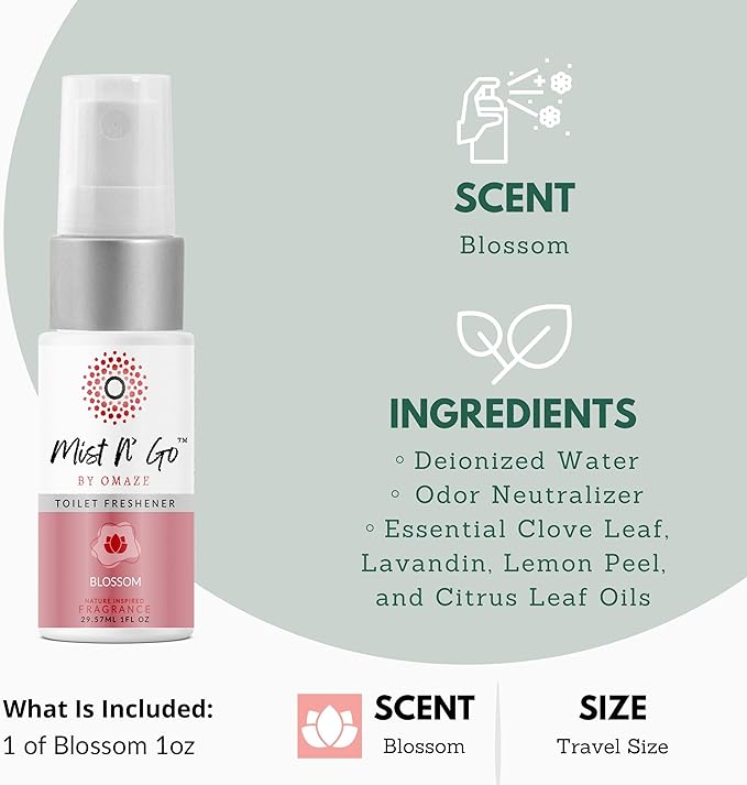Mist N’ Go by Omaze Travel Bathroom Spray for Toilet Spray Odor Eliminator - Travel Toilet Spray for Bathroom Air Freshener Spray for Bathroom Deodorizer - Blossom Travel Size (1oz x1)