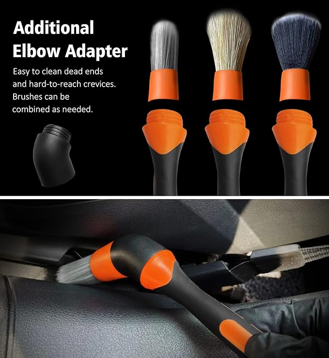 YeewayVeh 3pcs Car Detailing Brush Set, 1pc Boars Hair Detailing Brushes,1pc Ultra Soft Detail Brush for Air Vent Leather Seat, 1pc Scratch Free Car Detailing Brushes for Interior Exterior, Orange