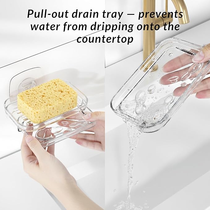 Toro Adhesive Sponge Holder for Kitchen Sink with Drain Tray, Clear PET Wall-Mounted Sponge Caddy