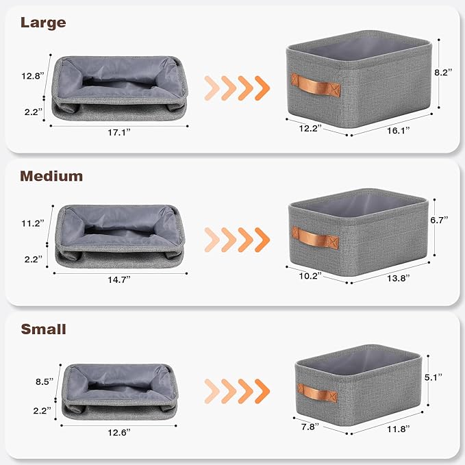 Large Storage Baskets for Shelves 3 Packs, Fabric Storage Bins for Shelves with Handles, 11.8'' L ×7.8'' W × 5.1'' H Collapsible Baskets for Organizing Clothes, Toy, Grey