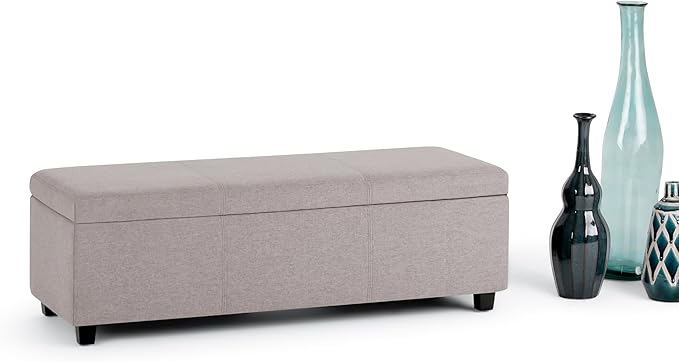 SIMPLIHOME Avalon 48 inch Wide Contemporary Rectangle Storage Ottoman Bench in Cloud Grey Linen Look Fabric, Assembled, for the Living Room, Entryway and Family Room